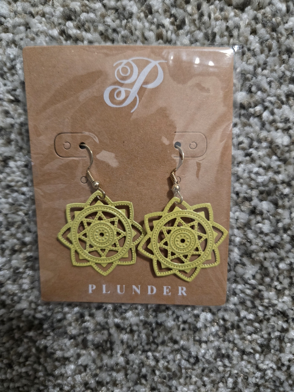 Plunder Gold Tone Green Round Mandala Bohemian Dangle Hook Earrings